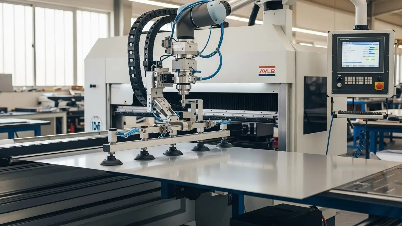 Dobrador de painéis com ventosa alimentando CNC